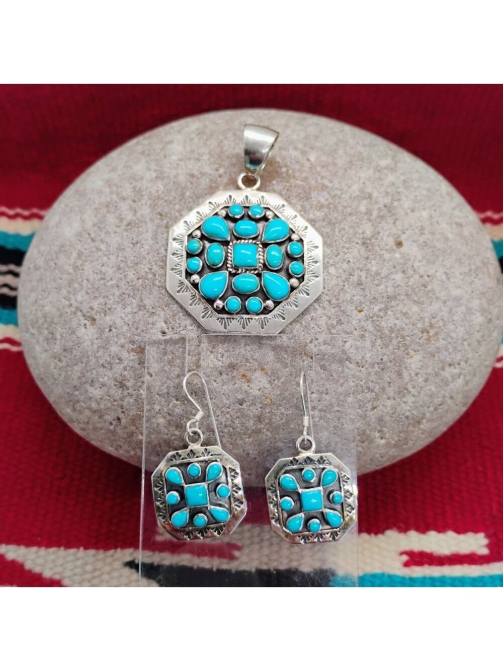 Native Signed Sterling Silver Sleeping Beauty Turquoise Pendant & Earrings Set